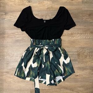 Romper with Black Top and Leaf Print Shorts